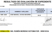 Resultados de Evaluación de expedientes - Contrato docente de Producción Agropecuaria